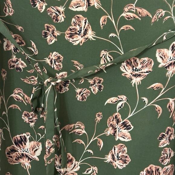 Verse Olive Green & Pink Floral Tie Wait 3/4 Sleeve V Neck Made in USA Med - Picture 6 of 10